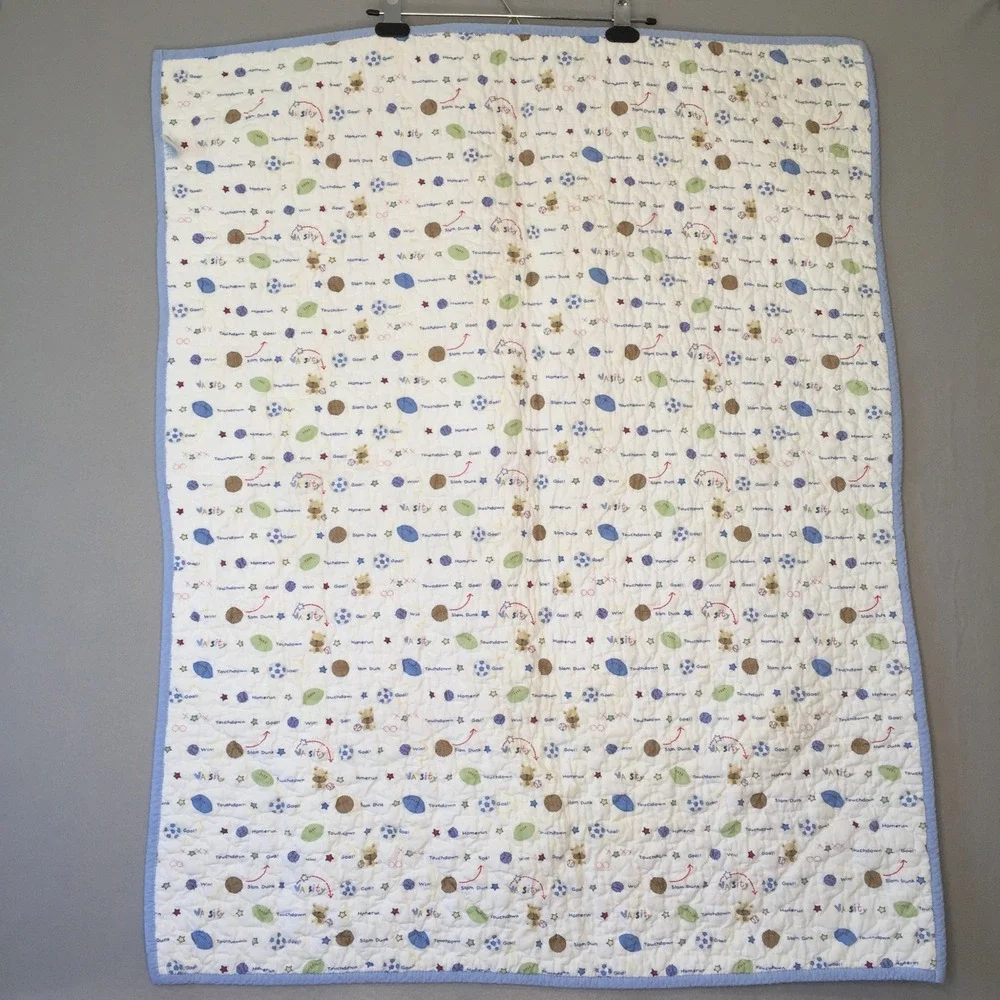 Carters Child of Mine Baby Quilt Blanket Blue Sports Puppy Patchwork Cotton